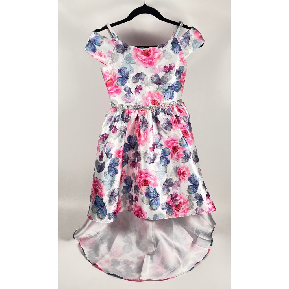 Rare Editions High-Low Dress Girls 10 White Pink Floral Butterfly Rhinestone